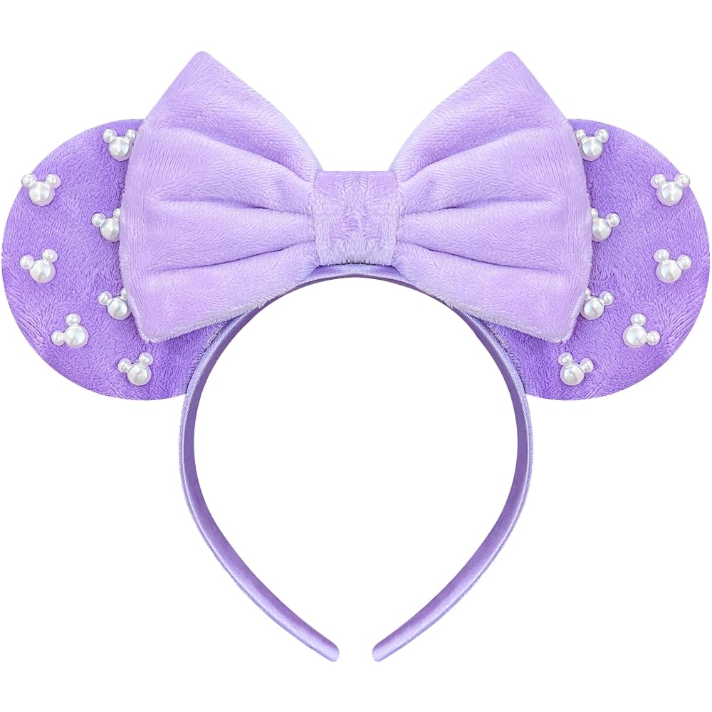 Trnerm Purple Fuzzy Mouse Ears Headband for Women, Cute Beads Headband with Bows,Halloween Costume Accessory