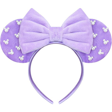 Trnerm Purple Fuzzy Mouse Ears Headband for Women, Cute Beads Headband with Bows,Halloween Costume Accessory