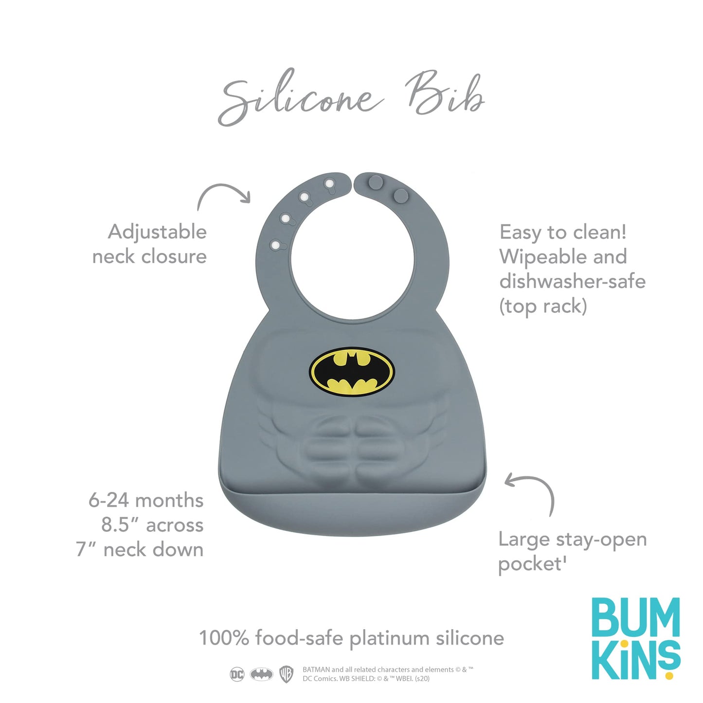 Bumkins Silicone Toddler Bib, Dc Comics Baby, Waterproof, Wipe Clean, Stain And Odor Resistant, 6-24 Months, Batman, 8.5 X 1.5 X