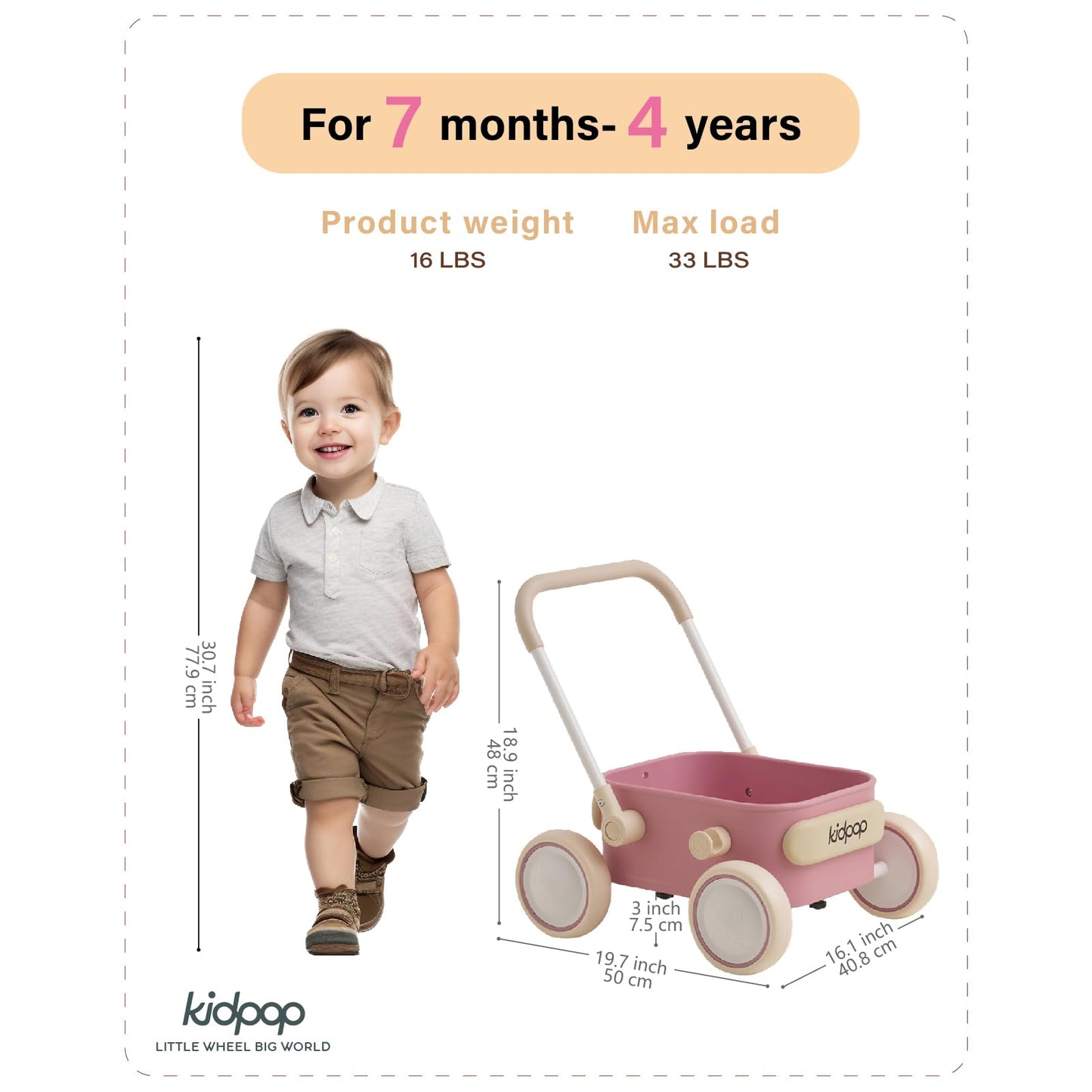 PULA Baby Push Walker with Wheels Toddler Wagon for First Learner Baby Toys 6-12 Months, 1 Year Old Birthday Gifts, Indoors and