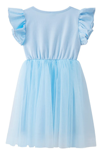 Lyxiof Girls Tutu Dress Casual Tulle Summer Solid Color Ruffle Sleeve Dress Blue 130Cm