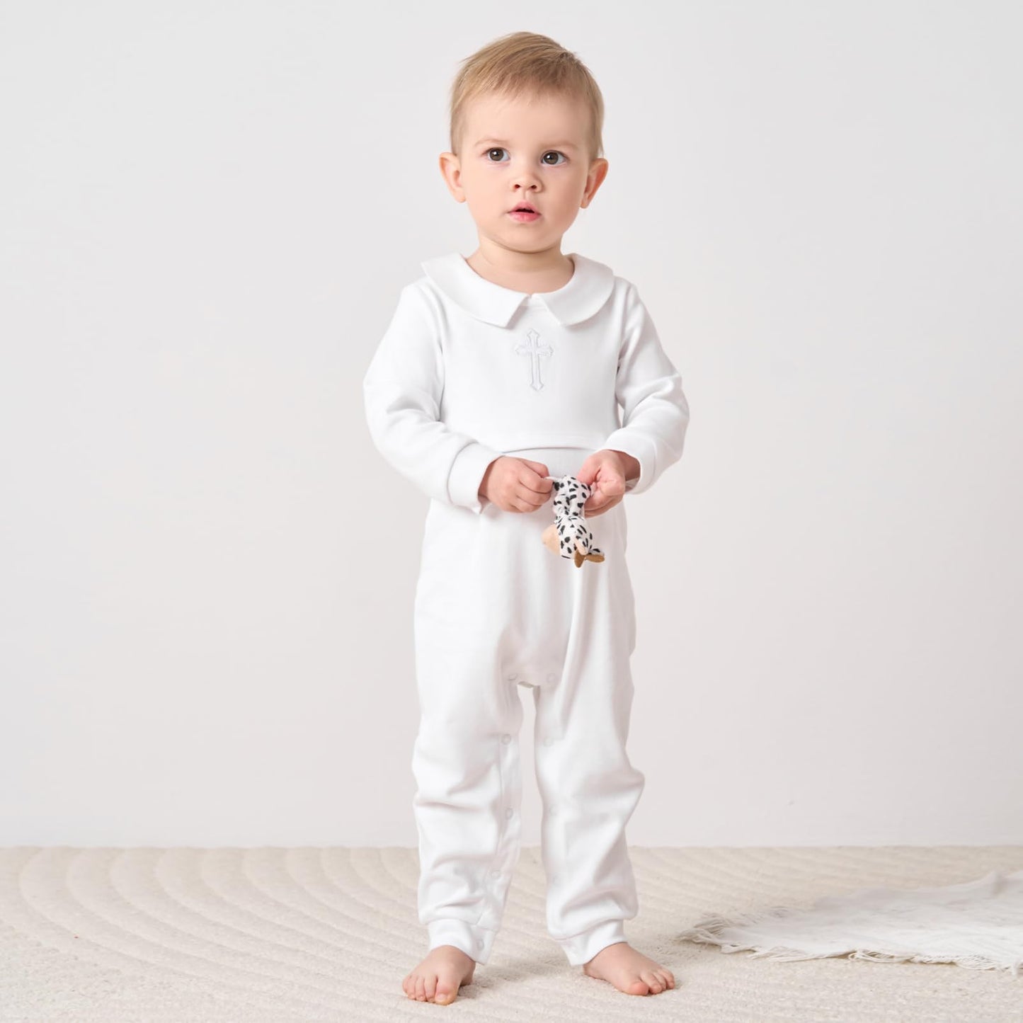 Pureborn Baby Boys Baptism Romper Organic Cotton Long Sleeve Christening Jumpsuit For Infant Boy Baptism Outfit White Newborn