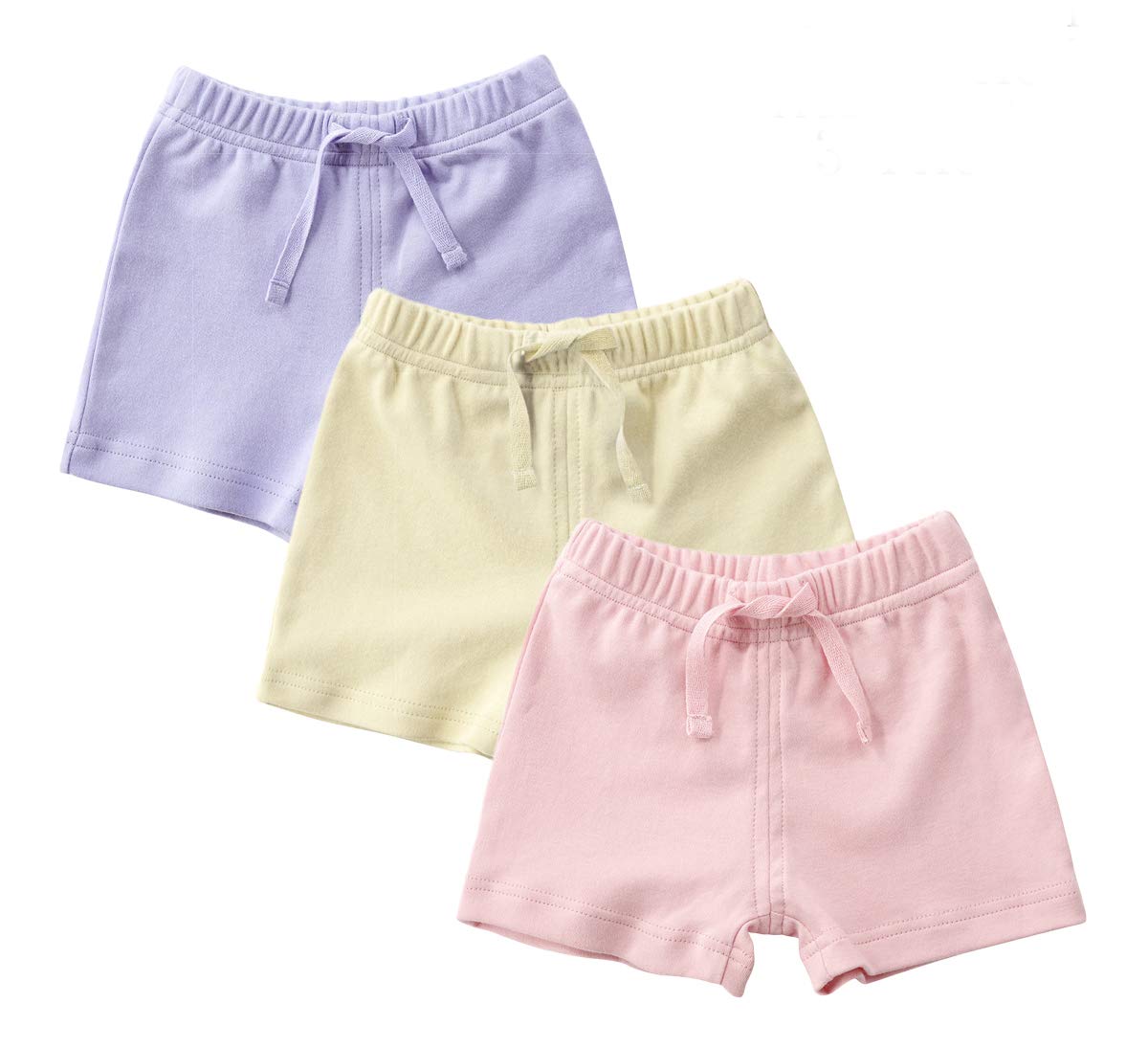 Teach Leanbh Unisex-Baby 3-Pack Cotton Soild Color Short With Drawstring 3-24 Months (12-18 Months, Purple/Yellow/Pink)