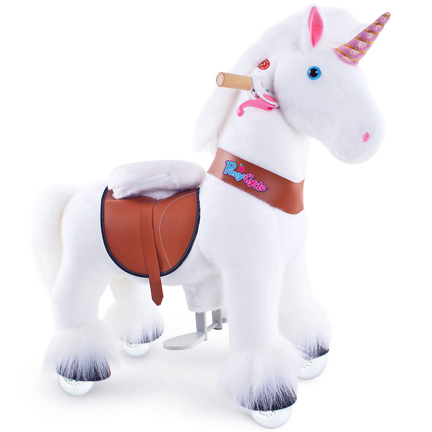 PonyCycle Official Classic U Series Ride on White Horse Unicorn Toy Plush Walking Animal Size 3 for Age 3-5 Ux304