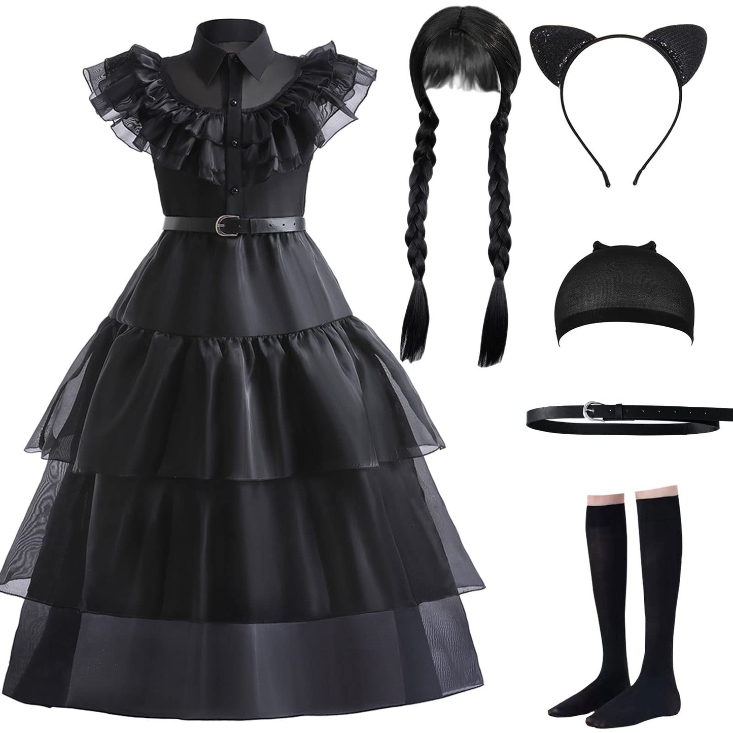 Vorlits Black Halloween Costumes Dress Girls Cosplay Christmas Party With Wigs Belt Socks Cat Ears Headband Wig Cap