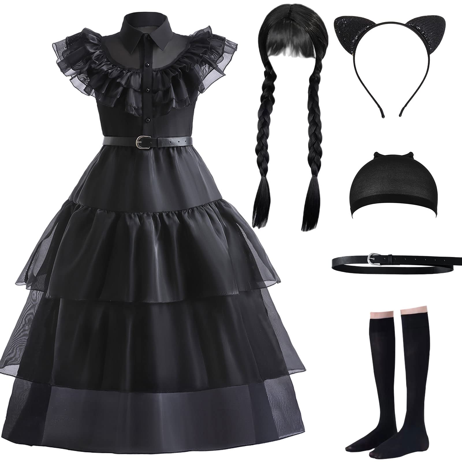 Vorlits Black Halloween Costumes Dress Girls Cosplay Christmas Party With Wigs Belt Socks Cat Ears Headband Wig Cap