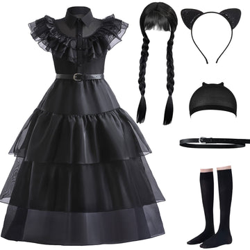 Vorlits Black Halloween Costumes Dress Girls Cosplay Christmas Party With Wigs Belt Socks Cat Ears Headband Wig Cap