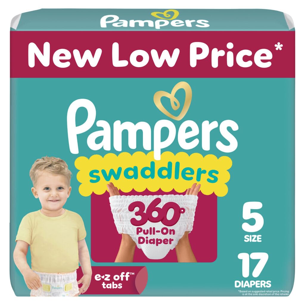 Pampers Diapers - Swaddlers 360 - Size 5, 17 Count, up to 100% Leakproof Comfy Dry Fit, Designed for Easy Changes, Pull On Baby 
