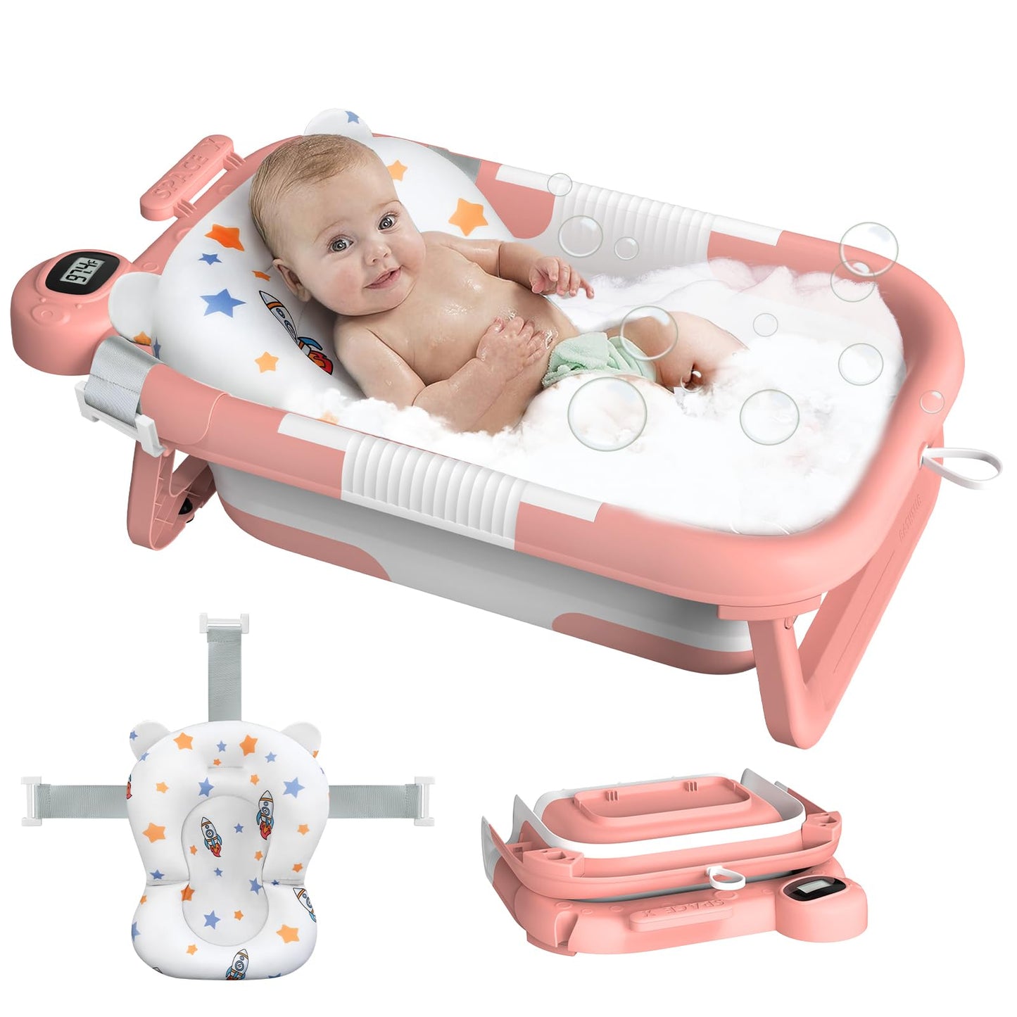 Reeple Collapsible Baby Bathtub, Baby Bath Tub For Newborn To Toddler With Floating Cushion For Bath Support, Portable Baby Tub