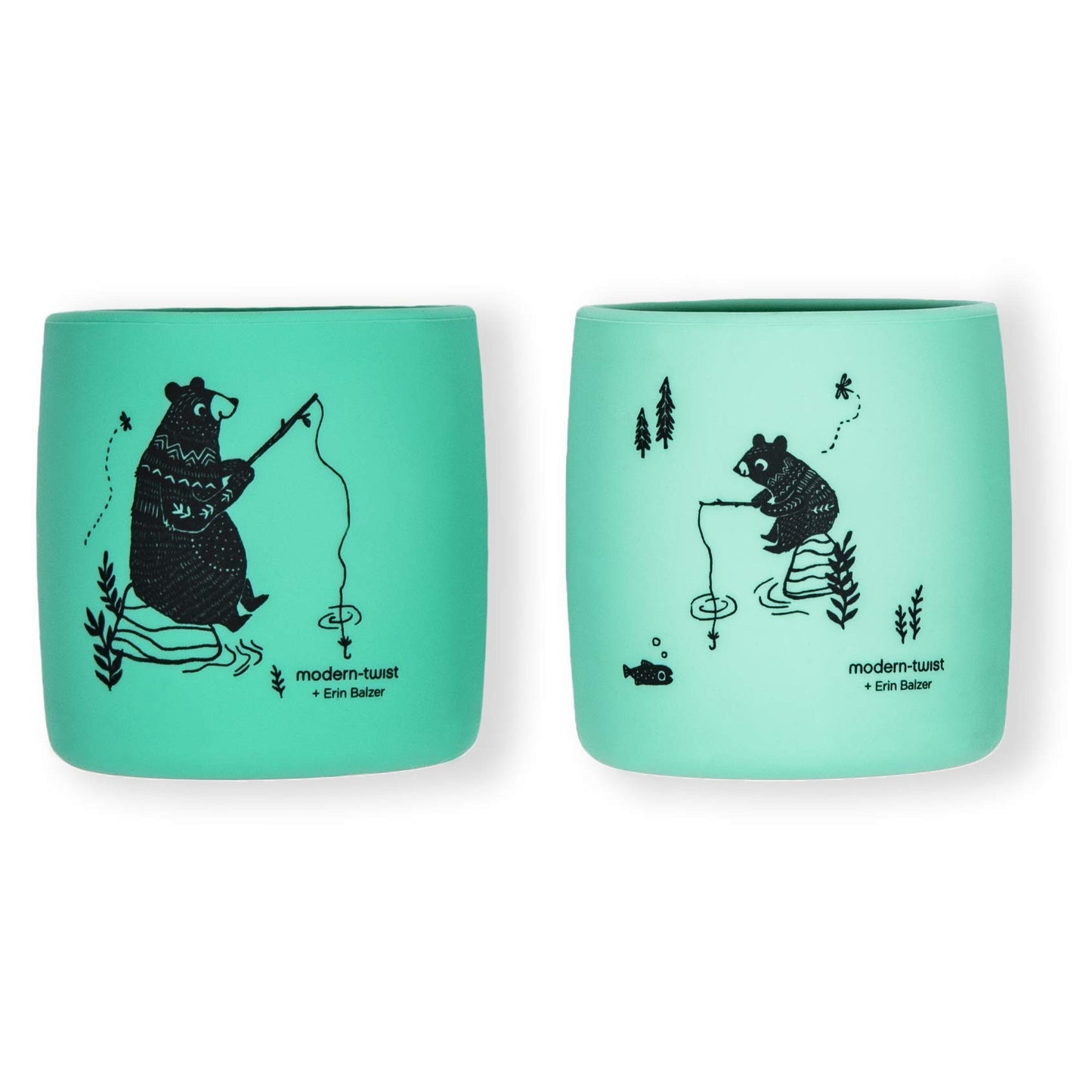 Modern-Twist Sip Set, Food-Grade Silicone, Waterproof, Dishwasher, Freezer Safe, Reusable Cups - Green Bear Family, Pack Of 2