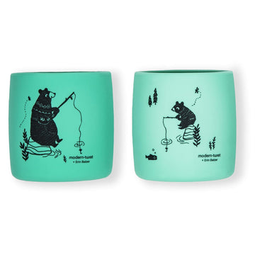 Modern-Twist Sip Set, Food-Grade Silicone, Waterproof, Dishwasher, Freezer Safe, Reusable Cups - Green Bear Family, Pack Of 2
