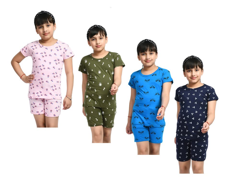 IndiWeaves Girls Cotton Printed Night Suits Tshirts and Shorts Set Summer (Pack of 4) Pink::Dark Green&::Blue::Navy Blue