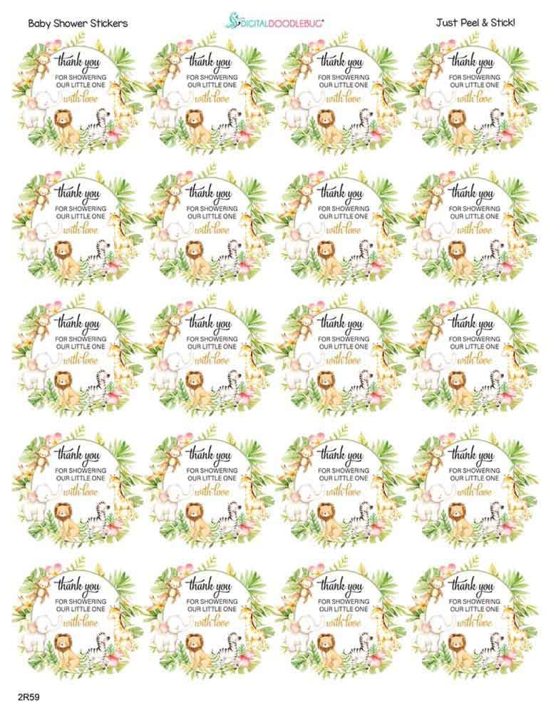 1.9 Inch Thank You Stickers Baby Shower Party Favors Safari Animals 60 Labels