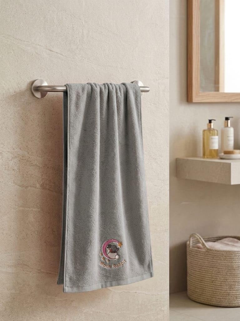Babyholic Moon Rabbit Baby Towel, Cotton Terry, Soft Embroidered Design, PostBath Wrap for Infants (Grey, Large)