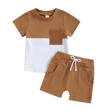 Yingisfitm Baby Boy Shorts Set Short Sleeve Tshirt Top Shorts Pants Cute Boy Summer Outfit Toddler Infant Clothes (Block Brown,2