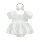 Kavousa Baby Girl Summer Outfits Newborn Flower Embroidered Eyelet Ruffled Hem Short Sleeve Romper and Bow Headband Set (Solid W