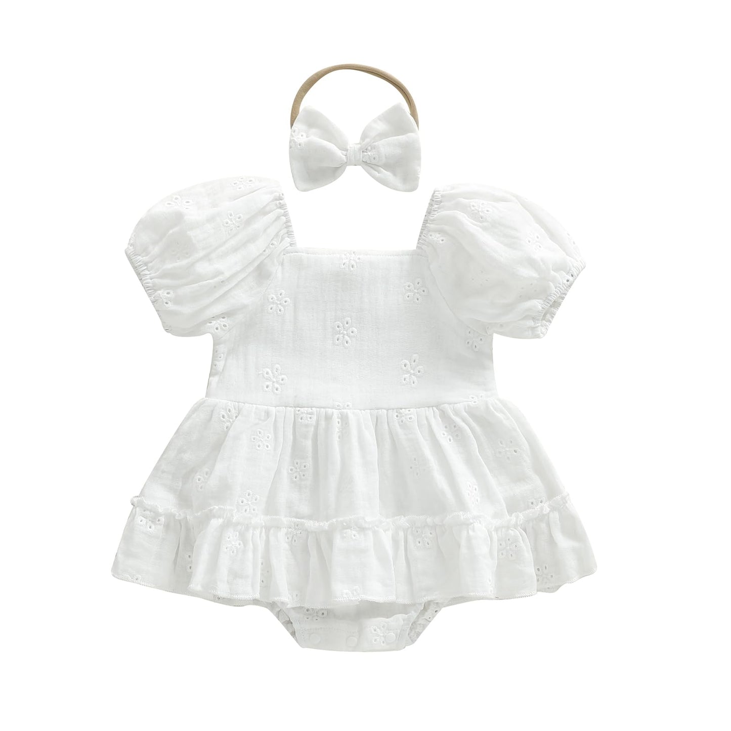 Kavousa Baby Girl Summer Outfits Newborn Flower Embroidered Eyelet Ruffled Hem Short Sleeve Romper and Bow Headband Set (Solid W