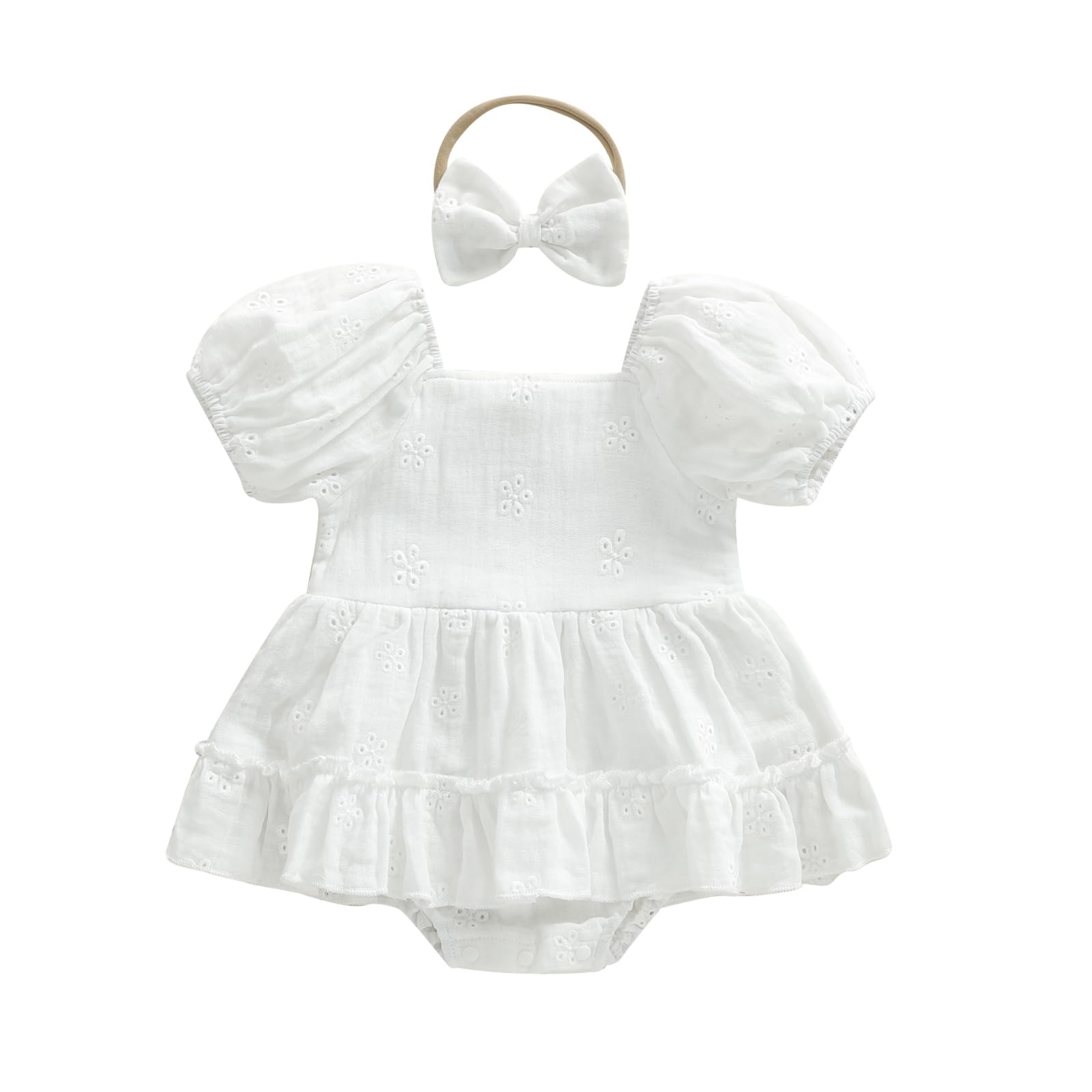 Kavousa Baby Girl Summer Outfits Newborn Flower Embroidered Eyelet Ruffled Hem Short Sleeve Romper and Bow Headband Set (Solid W