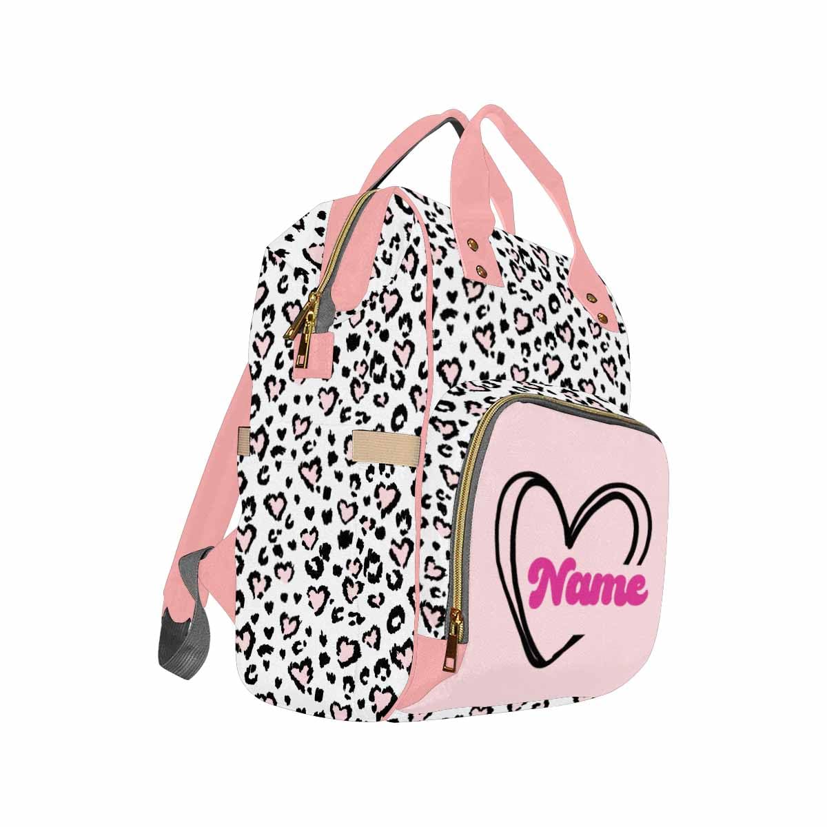 Customized School Bag With Name, Large Capacity Waterproof Diaper Bag, Leopard Heart Print Monogram Nappy Backpack With Thermal