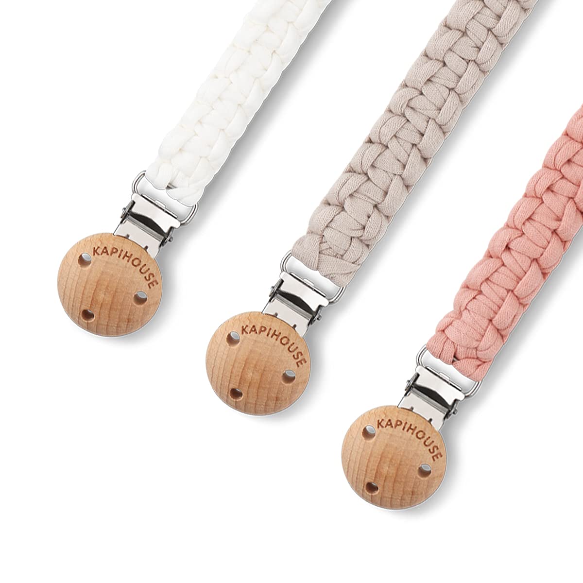 Kapihouse Pacifier Clip For Girl 9.2 Inch Pacifier Leashes Woodern Clips Teething Toy With Handmade Braided Cotton Modern Unisex