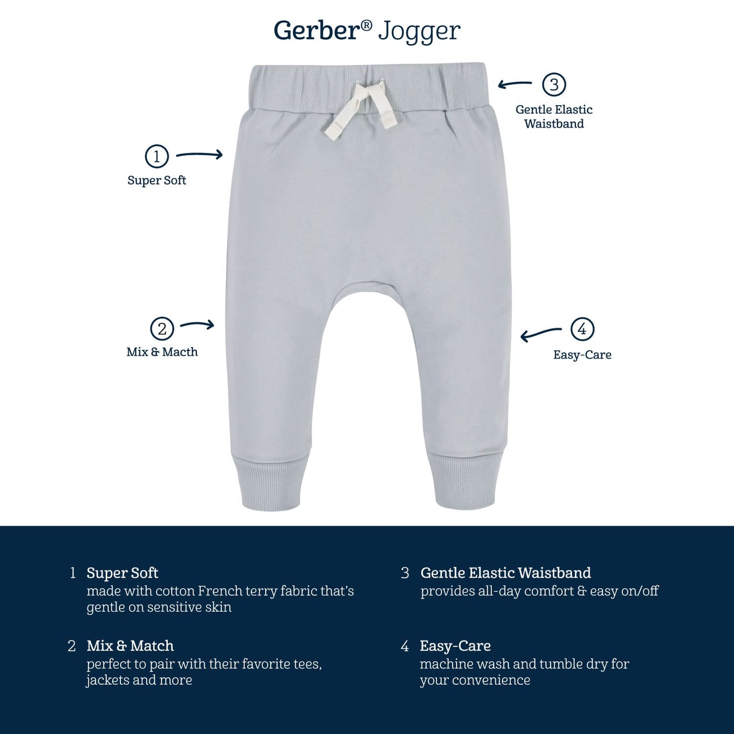 Gerber Baby Boys' Toddler 3-Pack Jogger Pants, Navy/Gray, 24 Months