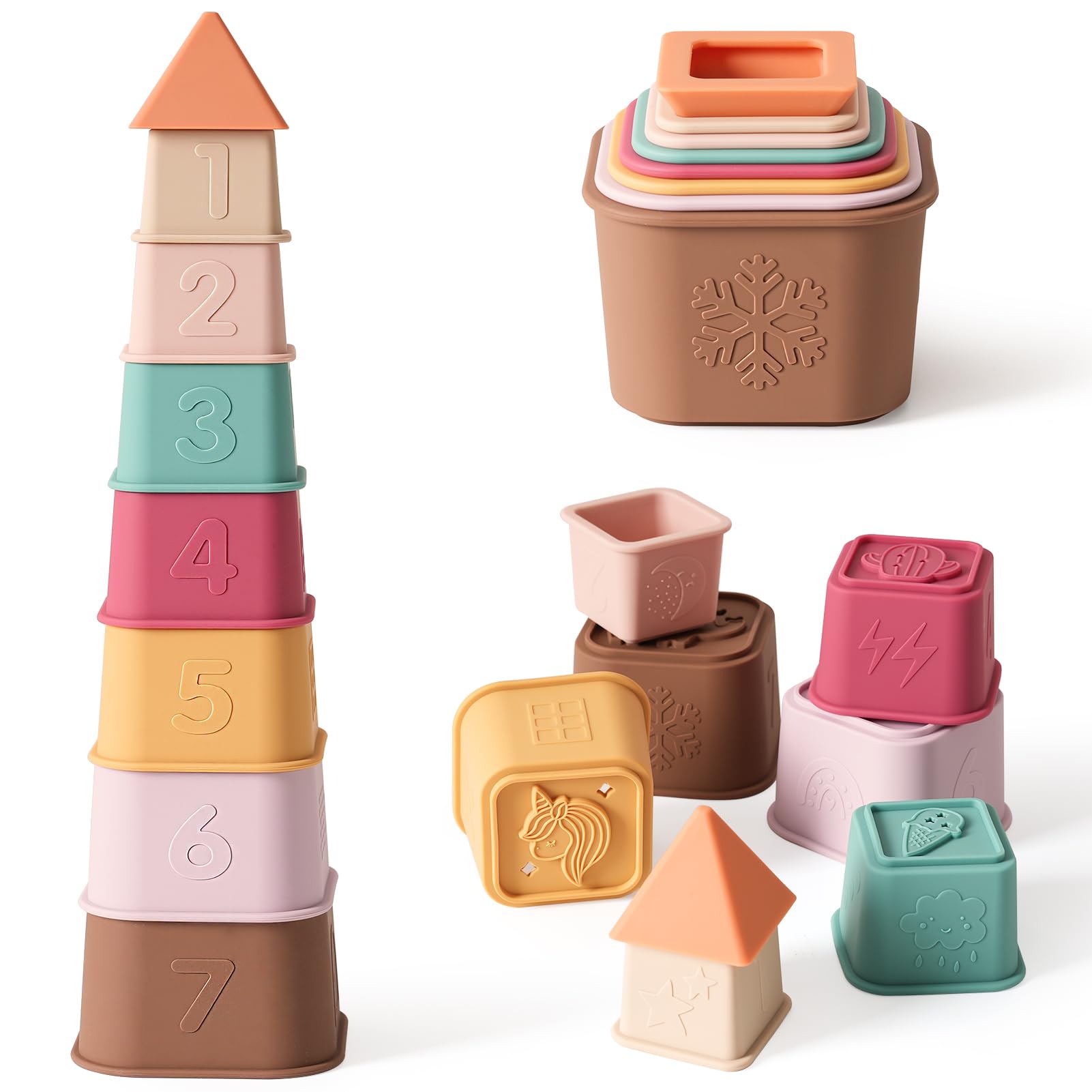YIVEKO Baby Stacking Cups Toy, Silicone Stacking Tower, Silicone Soft Teething Toy Educational Baby Toys, Building Toys Blocks, 