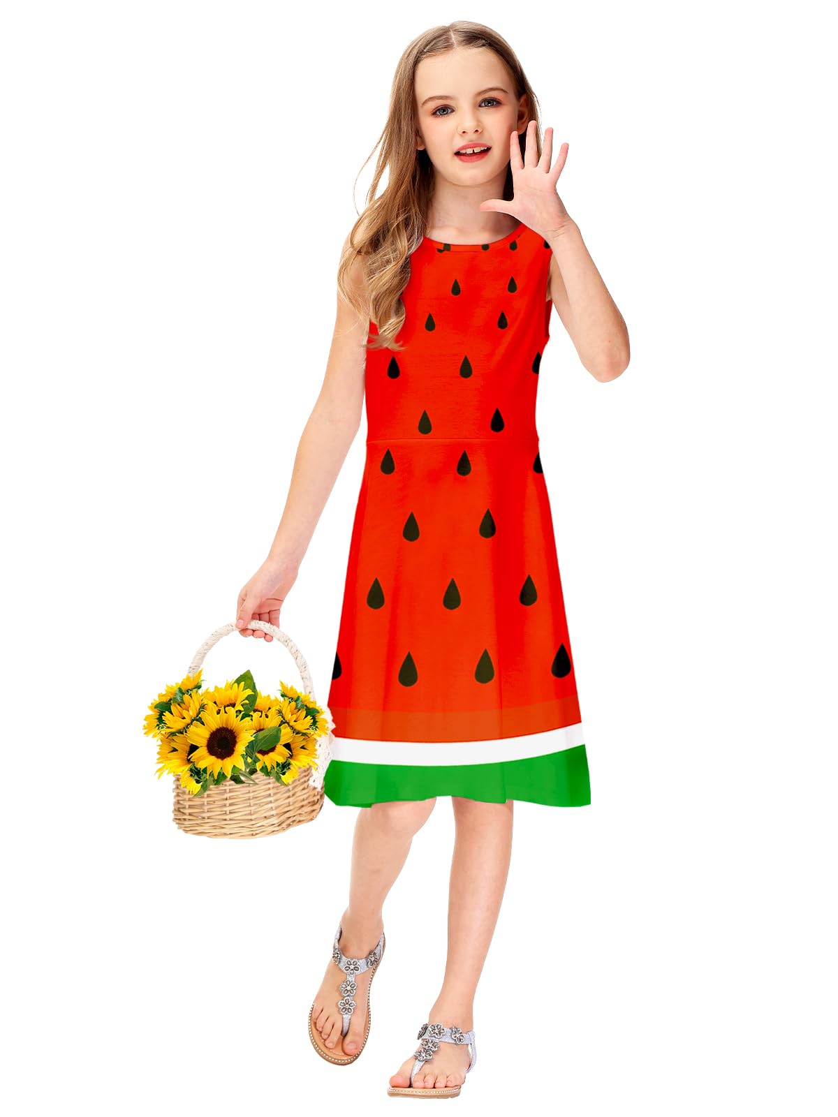 Remimi Kids Girl Watermelon Dress Sleeveless Tropical Halloween Fruit Dresses Outfits 7-8 Years