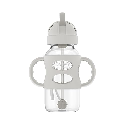 Dr. Browns Milestones Wide-Neck Sippy Straw Bottle With 100% Silicone Handles, 9Oz/270Ml, Gray, 1 Pack, 6M+