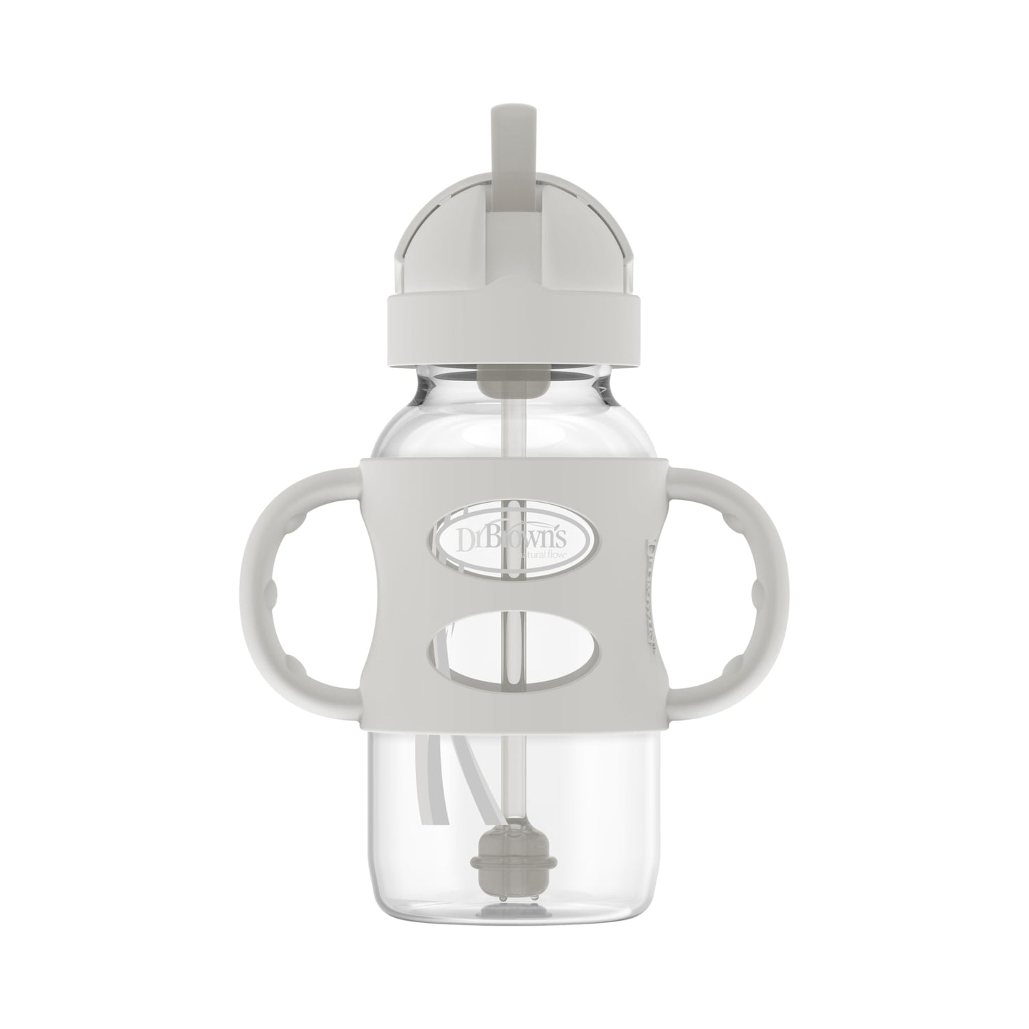 Dr. Browns Milestones Wide-Neck Sippy Straw Bottle With 100% Silicone Handles, 9Oz/270Ml, Gray, 1 Pack, 6M+