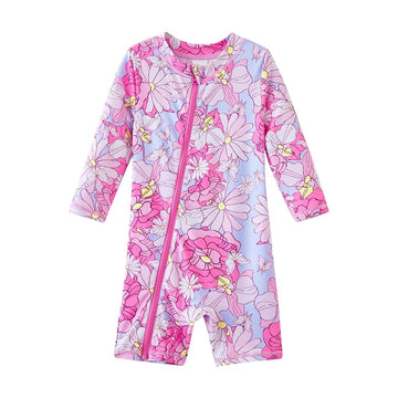 Umelok Baby Girls Swimsuit One Piece Full Zip With Long Sleeve Upf 50+ Sun Protection Sunsuit Pink Flower,9M