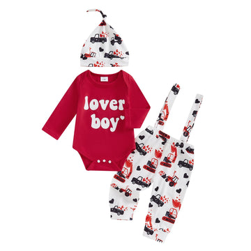 Beqeuewll Valentines Newborn Baby Boy 3Pcs Clothes Infant Long Sleeve Romper Cute Pattern Suspender Pants Overalls Outfits (Love