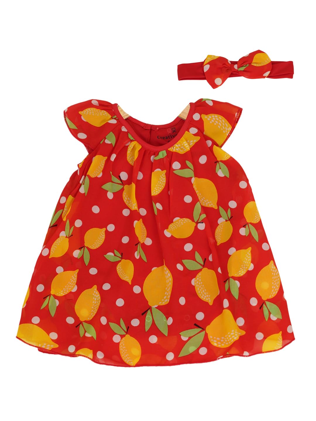 Creative Kids Baby Girl Polyester Fruit Print Cap Sleeve ALine Knee Length Dress With Hairband & Snap Button (Red & Yellow,12M)