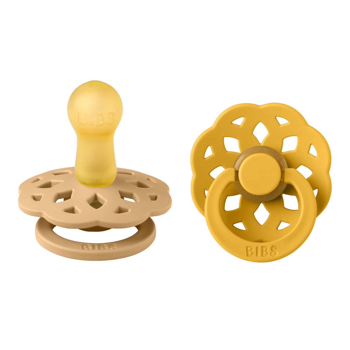 BIBS Boheme Pacifiers 2 Pack BPA Free Cherry Shape Nipple Natural Rubber Latex Made in Denmark | Sand/Honey Bee