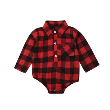 Baby Boy Girl Flannel Print Plaid Shirt Long Sleeve Button Romper Bodysuit Clothes Red 0-3 Months