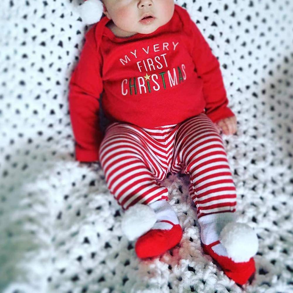 Agapeng Christmas Outfits Baby Girls Boys My First Christmas Rompers Onesie + Stripe Deer Print Pants + Christmas Hat 6-9Months