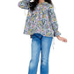 DMP FASHION Girls Cotton Floral Printed Classic Small Boota Grey Collarad Fashion Sleeve Top