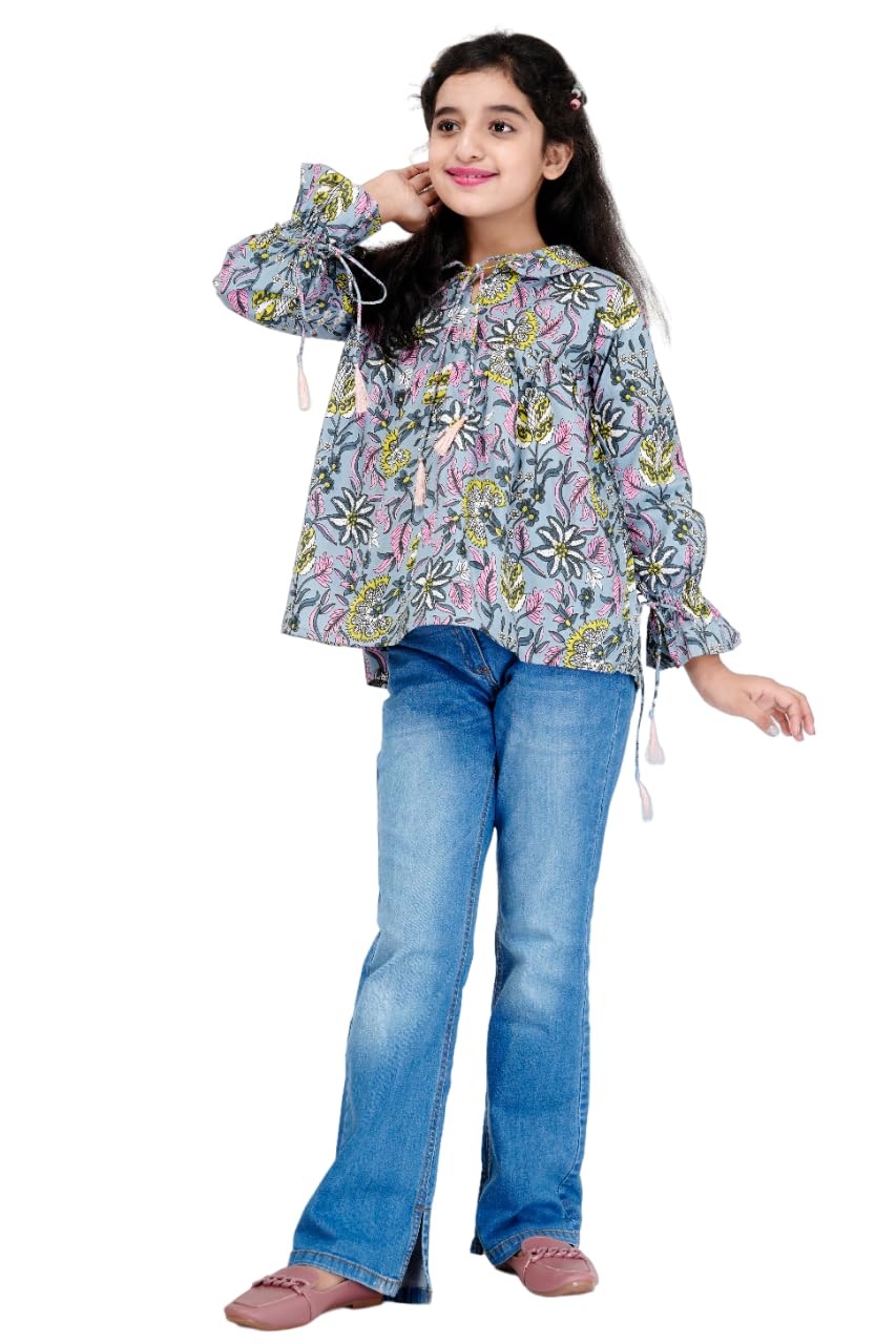 DMP FASHION Girls Cotton Floral Printed Classic Small Boota Grey Collarad Fashion Sleeve Top
