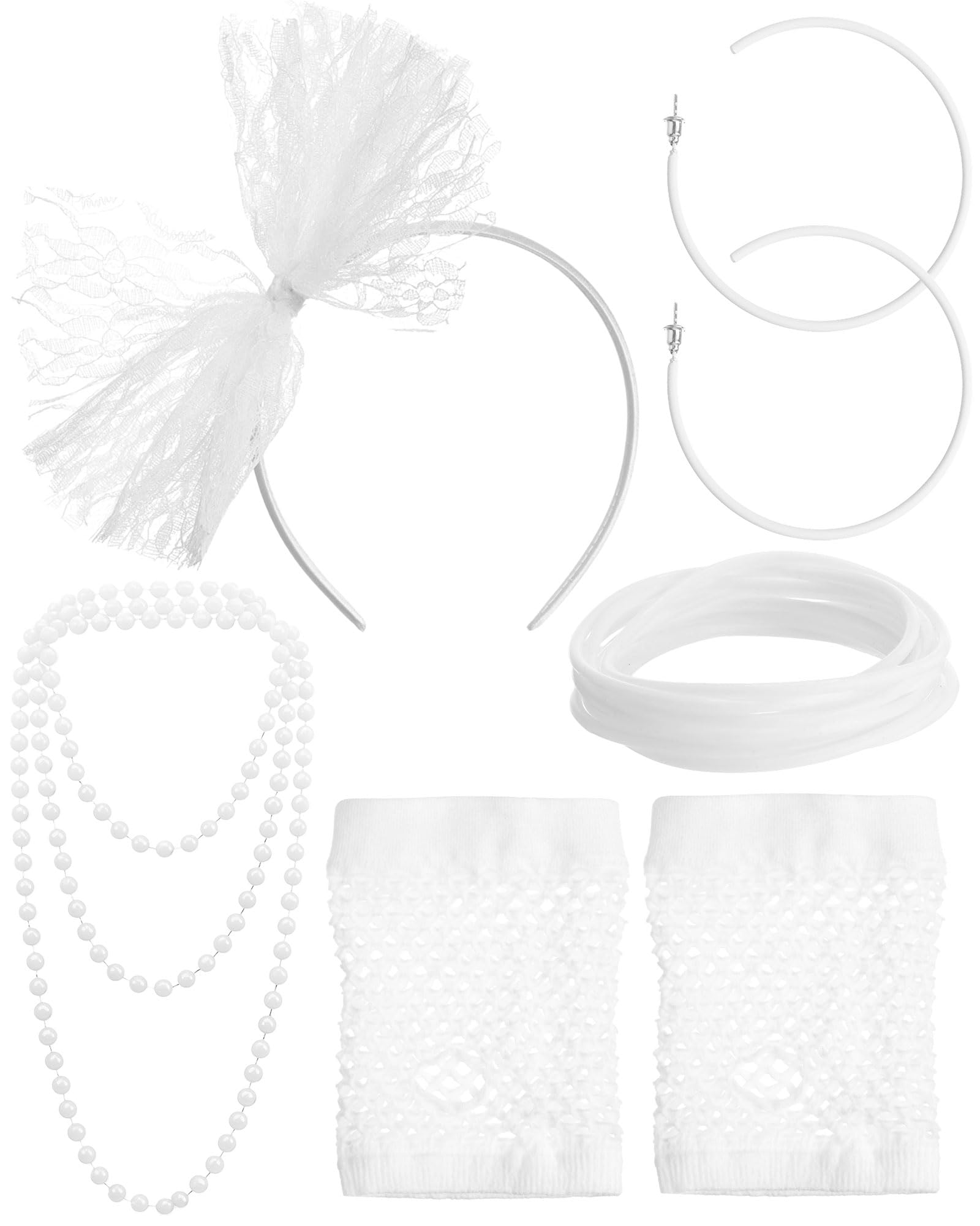 Blulu 80s Costume Accessories for Women Lace Headband Earrings Fishnet Gloves Necklace Bracelet for 80s Retro Party(White)