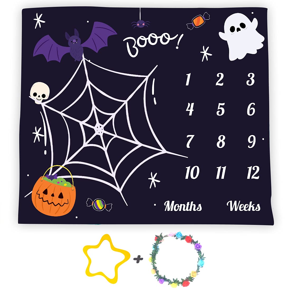 Halloween Theme Baby Monthly Milestone Blanket, 48x40in Soft Flannel, Ghost and Pumpkin Skull Background, Newborn Mom Gifts, Bab