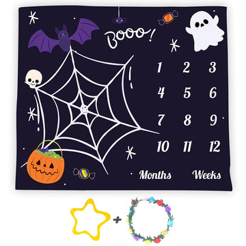 Halloween Theme Baby Monthly Milestone Blanket, 48x40in Soft Flannel, Ghost and Pumpkin Skull Background, Newborn Mom Gifts, Bab