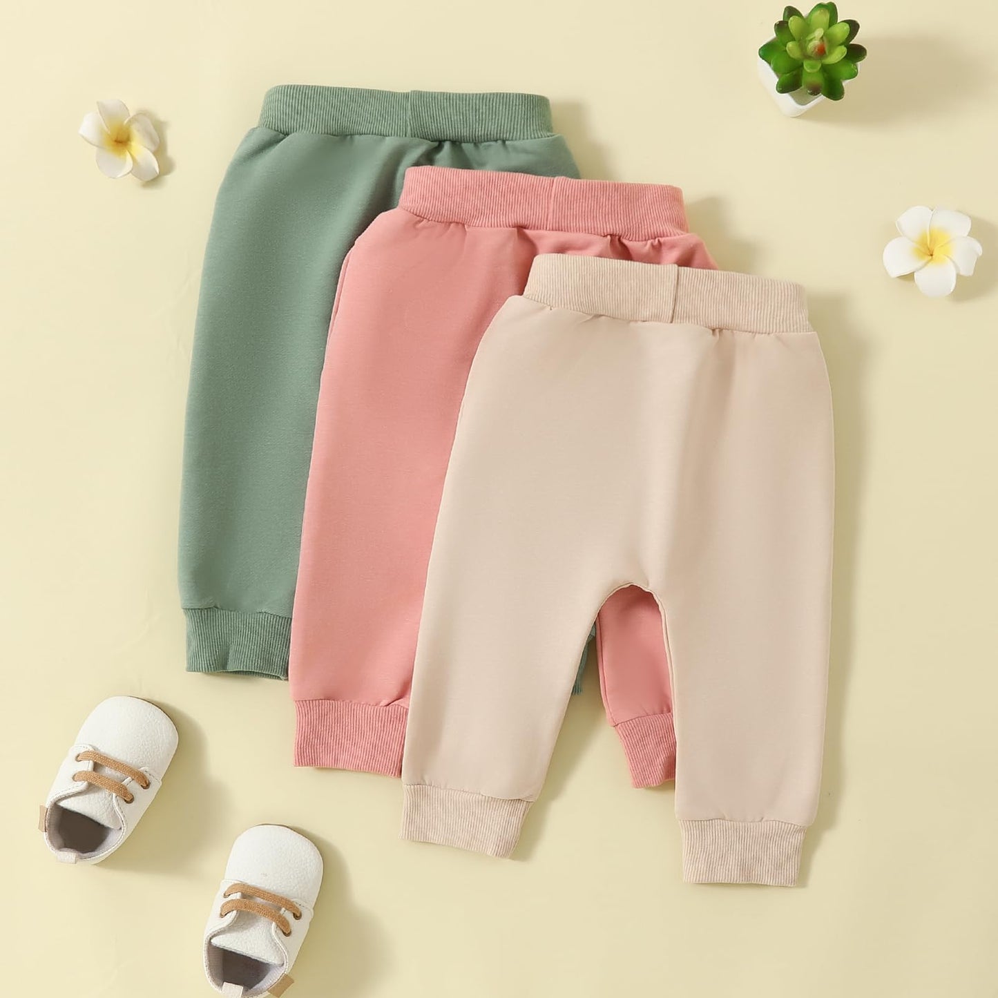 Yoawdats Baby Boys' 3-Pack Pull-On Jogger Pants Girls' Knit Classic Fit Elastic Waist Toddler Infant Long Pants