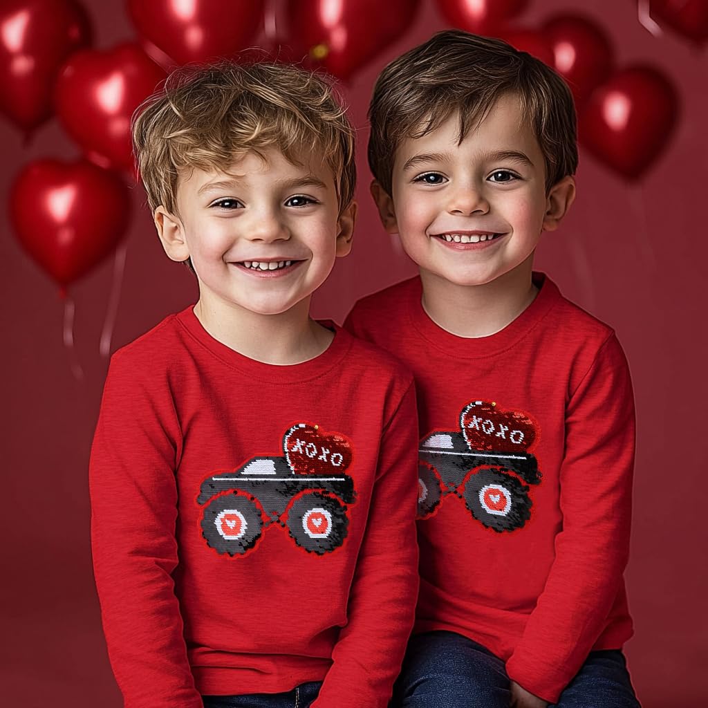 Kids Boys T-Shirt Valentines Flip Sequin Heart Shirt Tractor Love Girls Tops Long Sleeve Toddler Baby Tees 3T