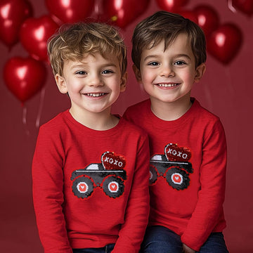 Kids Boys T-Shirt Valentines Flip Sequin Heart Shirt Tractor Love Girls Tops Long Sleeve Toddler Baby Tees 3T