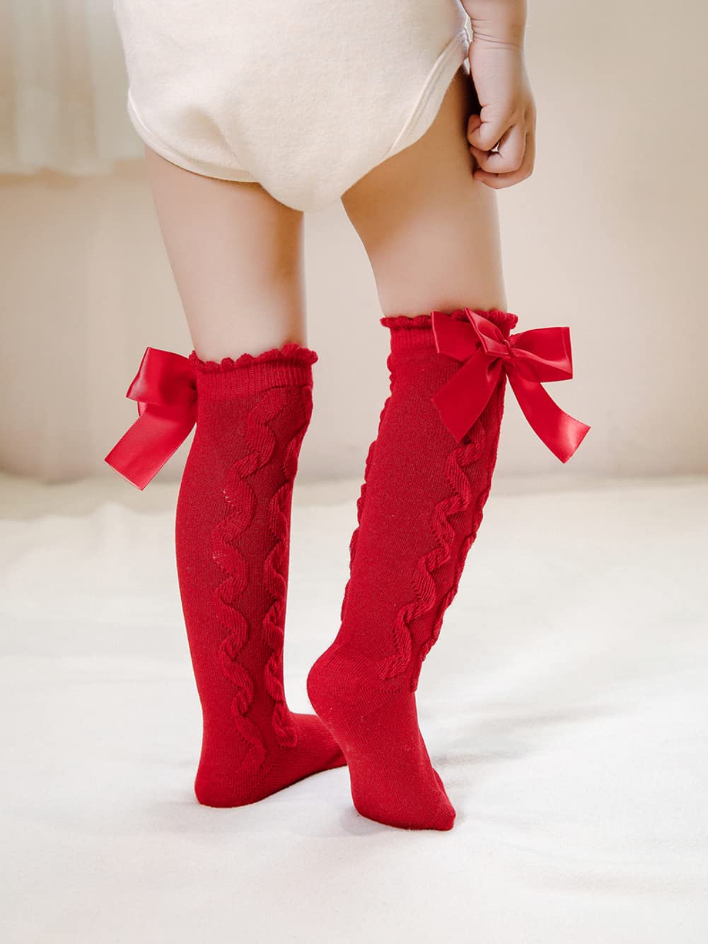 Qandsweet Baby Girl Knee-High Socks Toddlers Bow Stockings Newborn Infant Sock (0-12 Months, Cabled Styles)