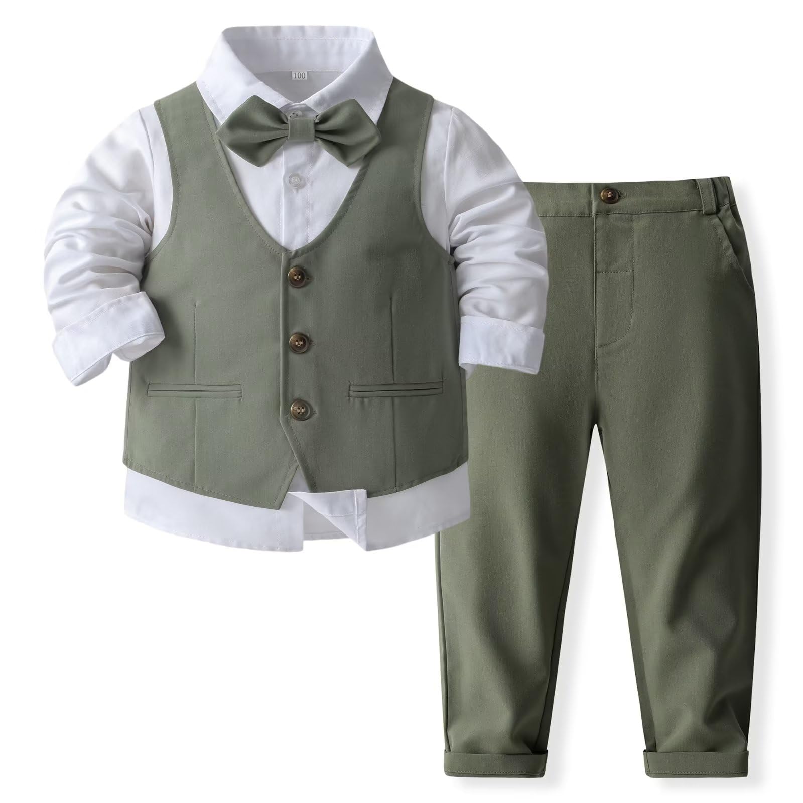 Toddler Baby Boys Gentleman Suit 3Pcs Outfits Long Sleeve Shirts & Gray Green Vest & Pants Tuxedo Wedding Birthday Party Set 3-4