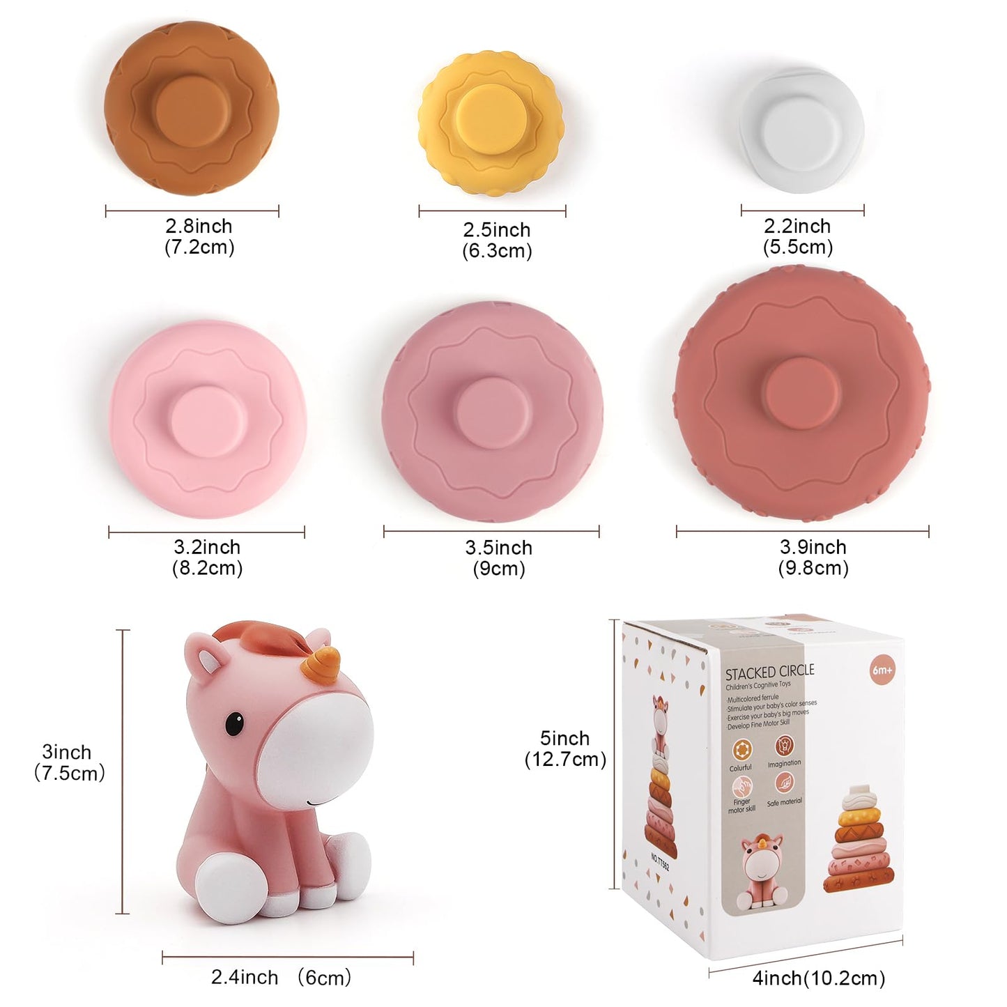 Nueplay 7 Pcs Stacking & Nesting Baby Toys, Squeeze Teething Toys and Building Circle with Pink Horse Figure, Newborn Essentials