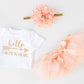 Lilpinkgoose Newborn Baby Girl Coming Home Outfit Hello I Am New Here Bodysuits 3Pcs (Newborn, Peach Long Sleeve)
