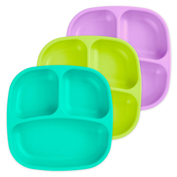 Re-Play Made In Usa 7' Deep Walled Divided Plates For Kids, Set Of 3 With 3 Lids - Reusable 3 Compartment Plates, Dishwasher An