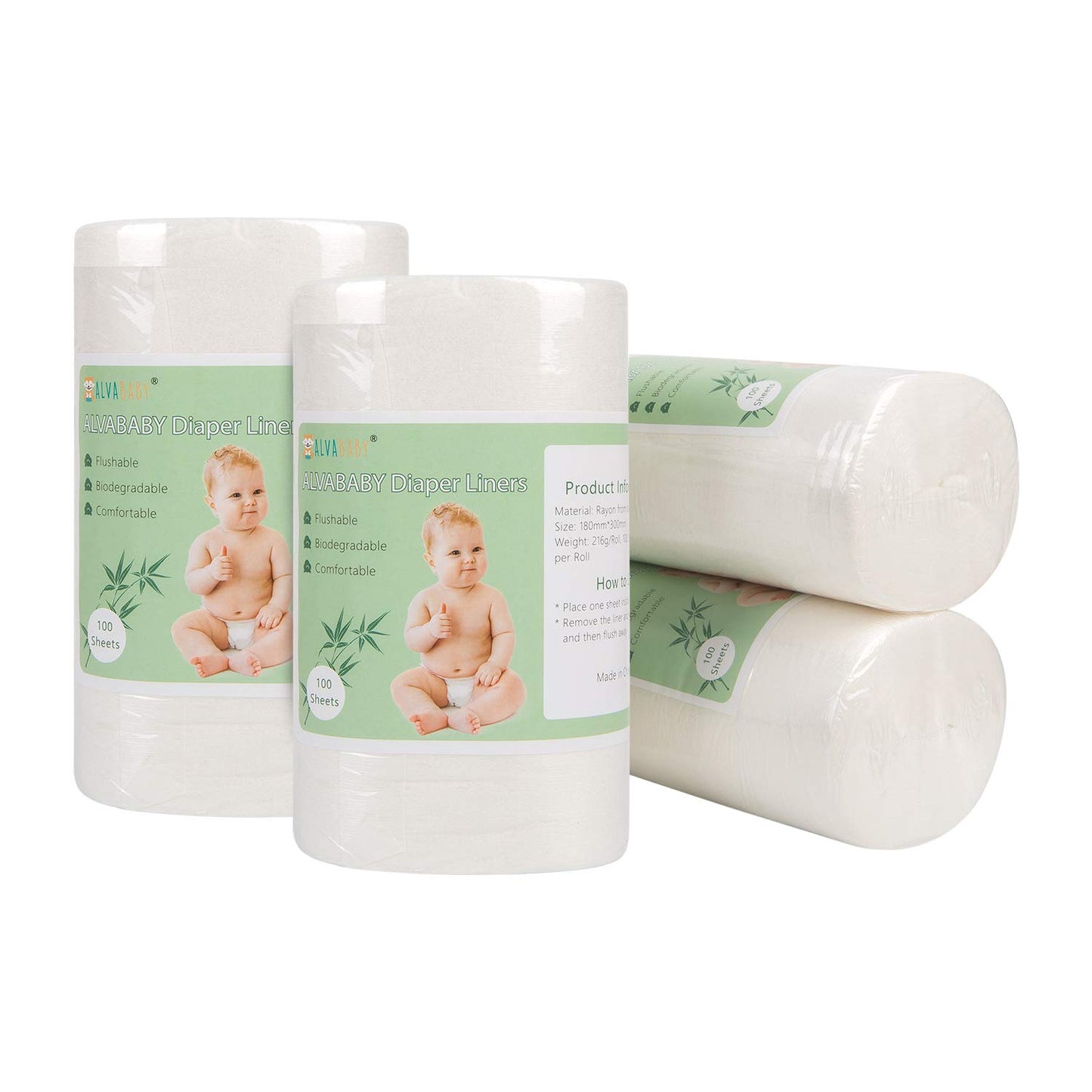 ALVABABY Diaper Liners 4 Rolls for Baby Cloth Diaper 11.8 x 7.1 Inch Disposable Natural Soft Compostable Fragrance Free and Chlo