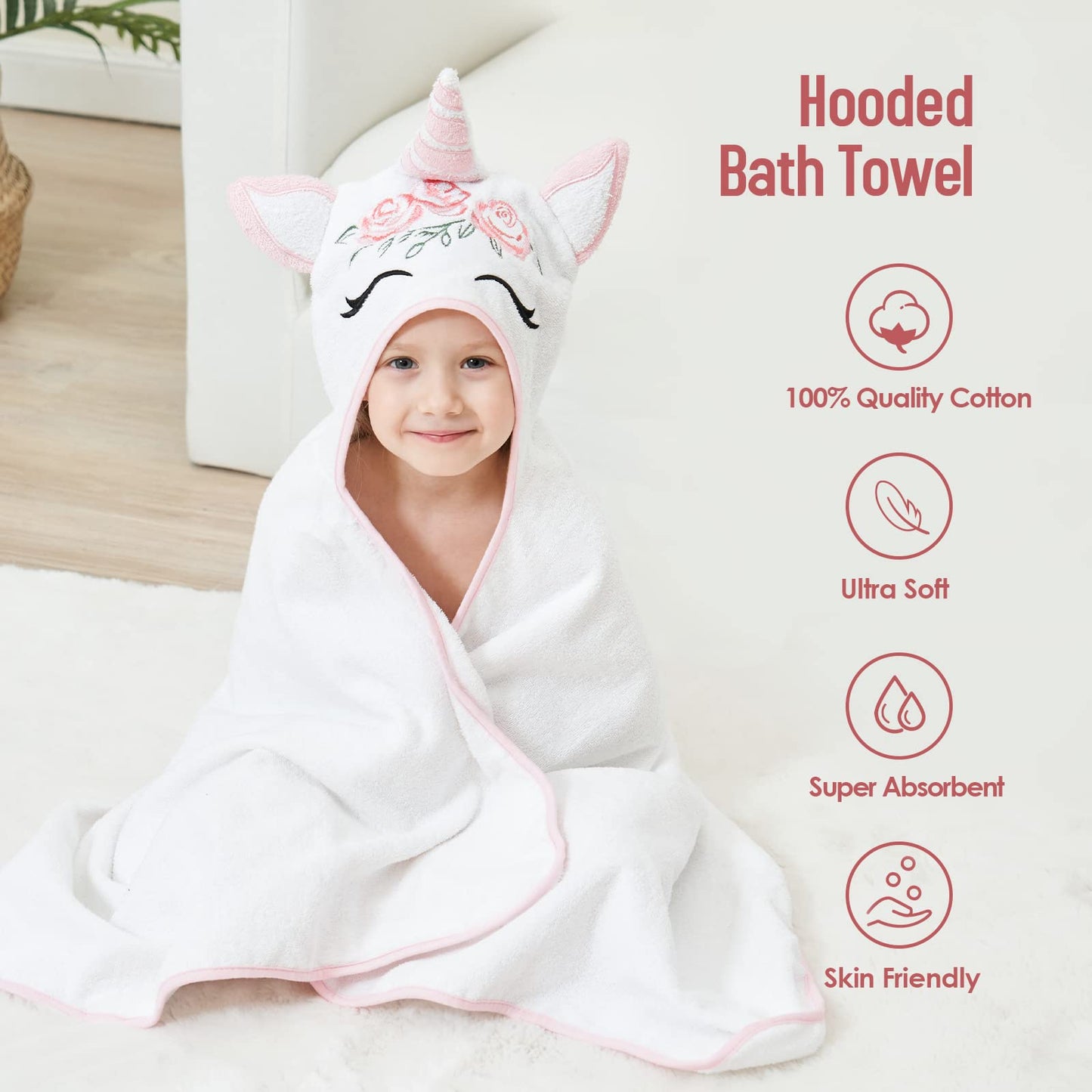 Style Quarters Kids Hooded Bath Towel, Large Kids Bath Towels, Unicorn Kids Beach Towels, 100% Cotton Terry Toddler Hooded Bath
